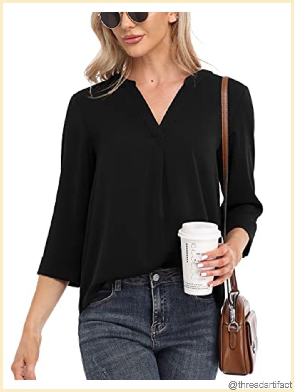 Womens Chiffon Blouse 3/4 Sleeve V Neck Tunic Top Loose Casual Work Shirt